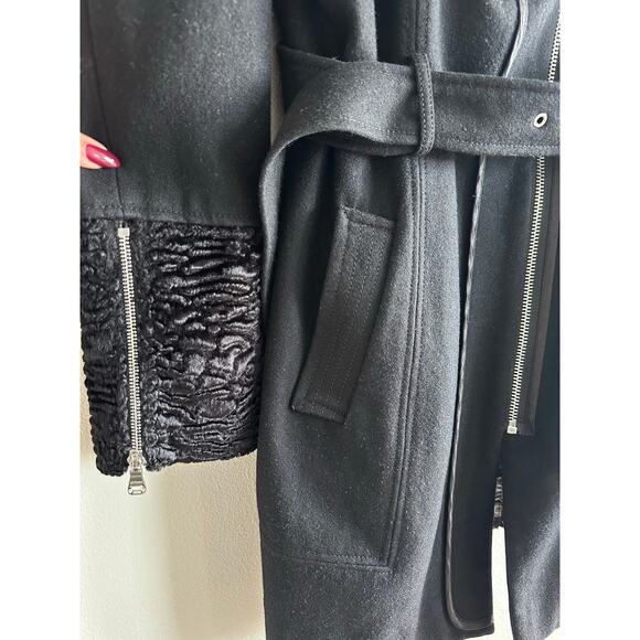 Vintage 90s Guess Black Wool Coat Textured Faux Trim Belted Zip Jacket L XL - Picture 6 of 8